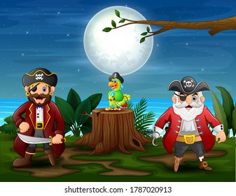 Two man pirates with a parrot in the jungle