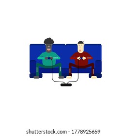 two man play video game. young man angry to his friend. vector cartoon ilustration  