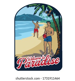 Two man Playing ball in the paradise beach, good for tshirt design