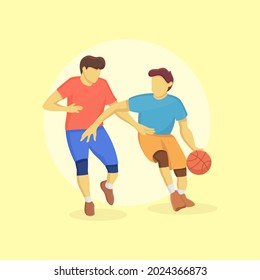Dos hombres jugando básquetbol en una ilustración de diseño plano