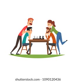 Two man playing chess with their girlfriends, friends playing a board game vector Illustration on a white background