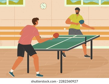 Two man playing ping pong game. Table tennis sport vector illustration. Indoor court for table tennis match