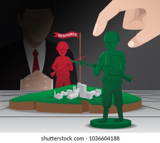 Two man playing a war strategy board game with green and red pawns, Vector Illustration