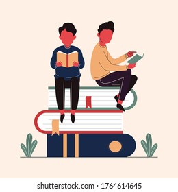 Two man reading books sitting on many books. Flat design, vector illustration