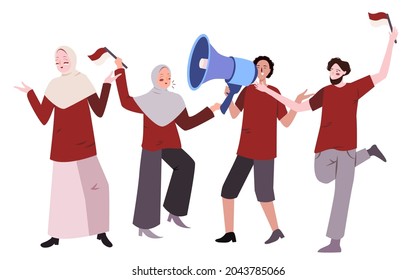zwei Mann mit rotem T-Shirt und Frau mit langer Rock und Hose hält Flagsymbol und Lautsprecher feiern glücklichen Unabhängigkeitstag in Indonesien mit moderner Cartoon-Flachfarbe