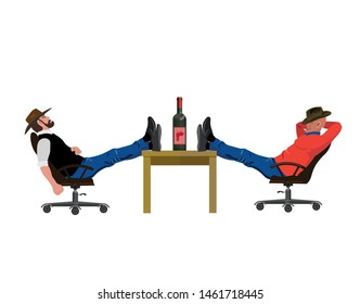 Two man resting with feet on the table. Vector illustration isolated on white background