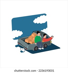 two man ride mini truck with goods or boxs in flat design. 