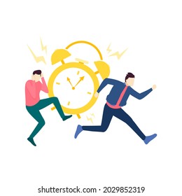 two man run avoid from alarm clock deadline people character flat design vector illustration