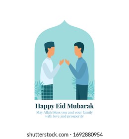 Dos hombres saludan por perdonarse entre ellos durante el feriado del eid fitr islam después de romper el rápido vector ilustración plana con fondo de ventana de la mezquita y adorno de planta