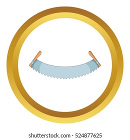 Two man saw vector icon in golden circle, cartoon style isolated on white background
