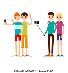 Two man selfie isolated. Friends do joint self-portrait photograph. Happy smiling young man taking selfie photo. Set illustration in flat style. Isolated.