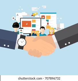 Two man shaking hands. Agreement, business deal vector concept. - stock vector