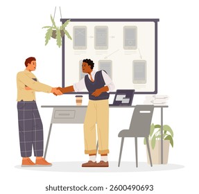 Two man shaking hands making a deal on app development business project flat vector illustration.
