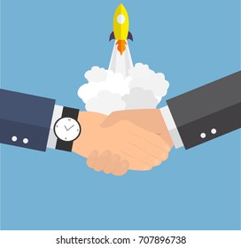 Two man shaking hands. Nuclear test vector concept. Rocket launch on blue background. - stock vector