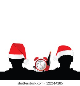 two man silhouette with red hat and clock