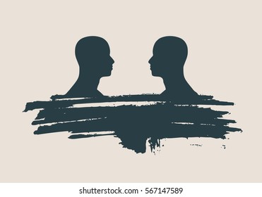 Two man silhouettes looking at each other. Grunge brush stroke. Abstract business meeting. Vector illustration. Side view.