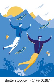 Two Man Simming Undewater Flat Cartoon Vector Illustration. Business Company Growth. People in Menagement. Waves in Sea, Earning Money, Generating Ideas. Sunset on Background. Workers in Formal Cloth.