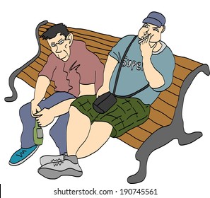 Two man sitting on a bench, drinking beer and smoking