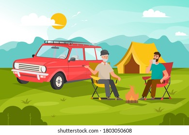 two man is sitting for relax with camping time in mountains forest. vector illustration cartoon character