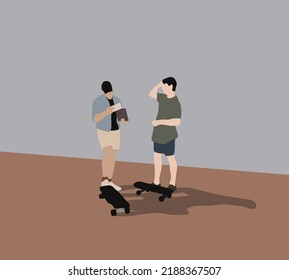 Dos hombres con patineta hablando en la calle. Hipster estilo de vida Deportes al aire libre de moda recreación deportiva extrema.