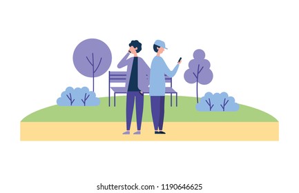 two man with smartphone in the park