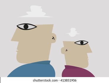 Two man stand back to back. Editable Clip Art.
