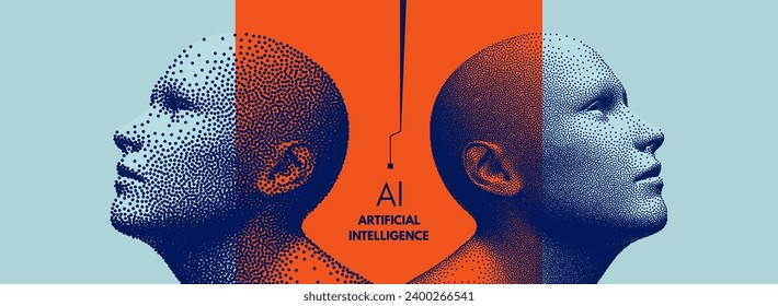 Two man stand back to back. Futuristic artificial intelligence concept. Minimalistic design for business presentation, placard, banner, cover, brochure or notebook. 3d vector with place for text.