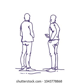 Dos hombres en la parte trasera del dibujo con teléfonos inteligentes hablando de la ilustración del vector de vista trasera del doodle