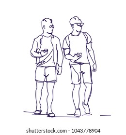 Dos hombres de pie sostienen teléfonos inteligentes hablando dibujos animados chicos imagen del vector Doodle