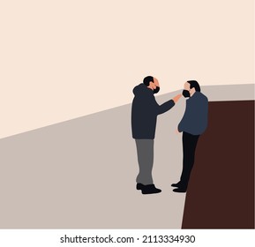 Two man standing in social distance wearing face mask looking at each other and talking, discuss the news, social issues, are negotiating. Vector.