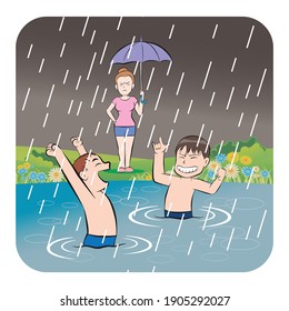 Two man still playing in the river while it rains. Woman waiting and angry. vector illustration isolated cartoon hand drawn