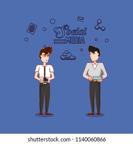 two man with tablet and smartphone using social media