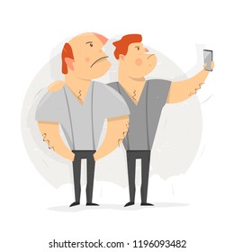 Two man taking selfie photo. Vector Illustration. Cartoon character funny and comic style.