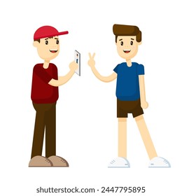 Zwei Mann, der ein Selfie-Foto macht Video Blog Moderne Stadtansicht Flache Vektorillustration	