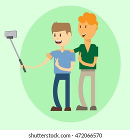 Two Man Taking Selfie Photo On Smart Phone With Stick Vector Illustration
