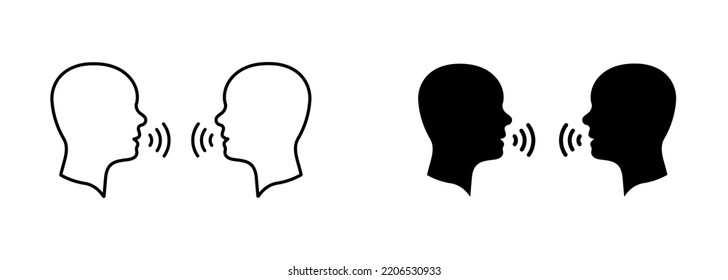 Two Man Talk Silhouette and Line Icon. People Face Head in Profile Speak Pictogram. Person Conversation Speech Icon. Communication Discussion. Editable Stroke. Isolated Vector Illustration.