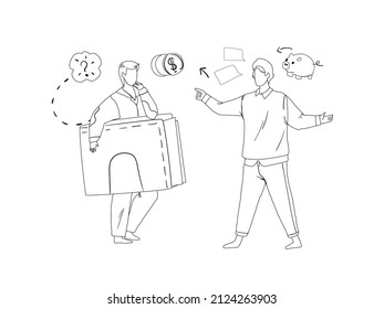 Dos hombres hablando sobre el dinero y la línea de finanzas ilustran el vector. Asesor financiero, agente bancario, corredor de inversiones que le dice al cliente cómo ahorrar efectivo