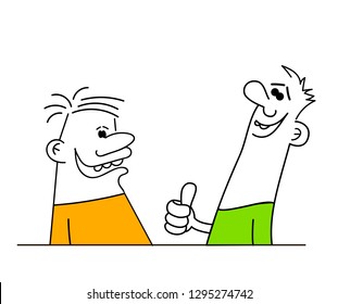 Two man talking. Man doing a success symbol. Vector illustration.