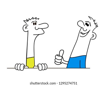 Two man talking. Man doing a success symbol. Vector illustration