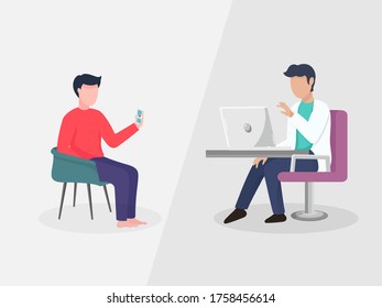 Two Man talking to each other from video call by laptop and smartphone on grey background.