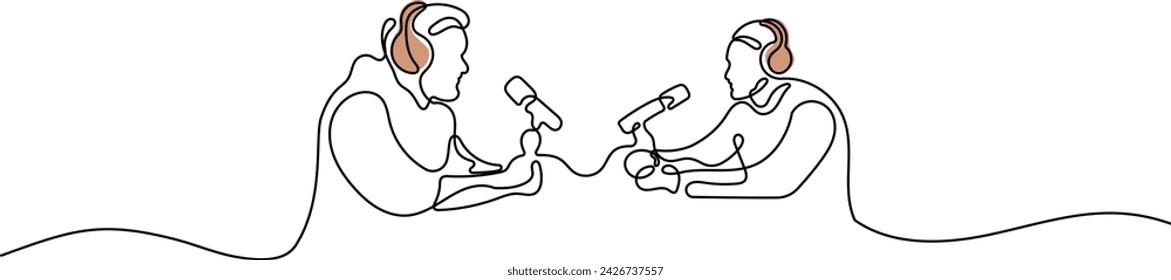 Dos Hombres Hablando Entre Sí Usando Herramientas De Podcast Continuo De Una Sola Línea De Arte