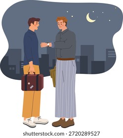 Dos hombres hablando en la noche
