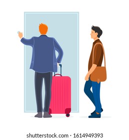 Two man together with bags suitcase arriving from business travel inside the front door of his home. Travelers finished his journey and returned, ringing a bell home cartoon vector illustration