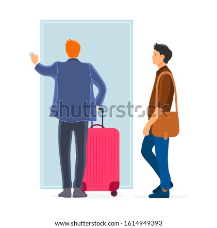 Two man together with bags suitcase arriving from business travel inside the front door of his home. Travelers finished his journey and returned, ringing a bell home cartoon vector illustration