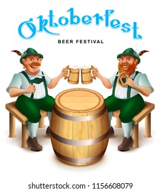 Two man in traditional german clothes sit and drink beer. Oktoberfest beer festival greeting card text. Isolated on white vector cartoon illustration