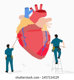 Two man try to cleaning the dirty big heart  risk. Treatment for heart disease or attack. Find advice for caregiver.