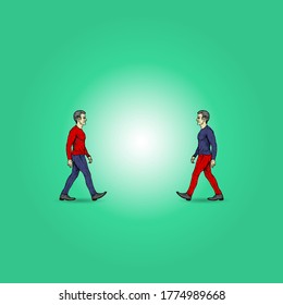 Two man walking pass each other at a distance for the concept of social distancing as new norm. Vector illustration.