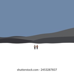 Two man walking in snow mountain and looking at night sky. People outdoors activity. Travel expedition and mountaineering sport