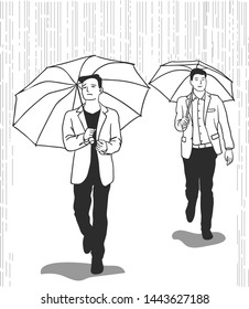 The two man are walking under the rain while the other is being sad and the other man is happy their using both umbrellas.