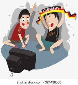 two man watching football on television and supporting their favorite team